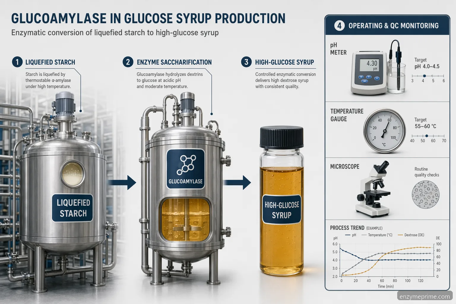 application of glucoamylase in glucose syrup production, showing starch conversion, process controls, QC and validation
