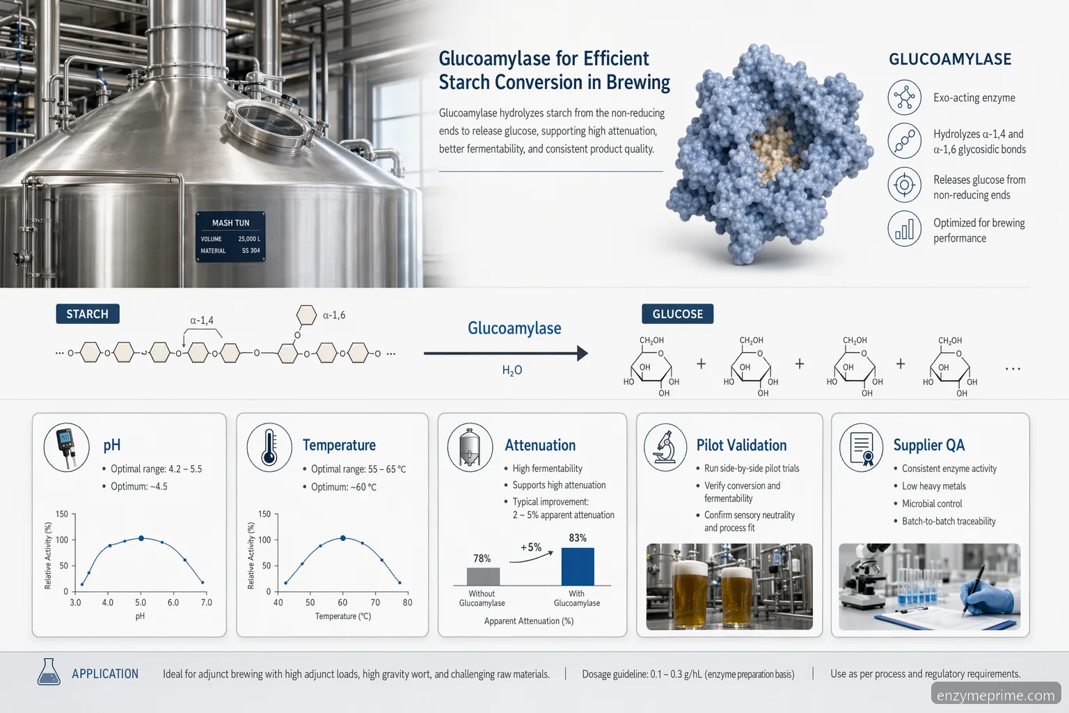brewing with glucoamylase checklist showing saccharification, pH, temperature, attenuation, and supplier QA