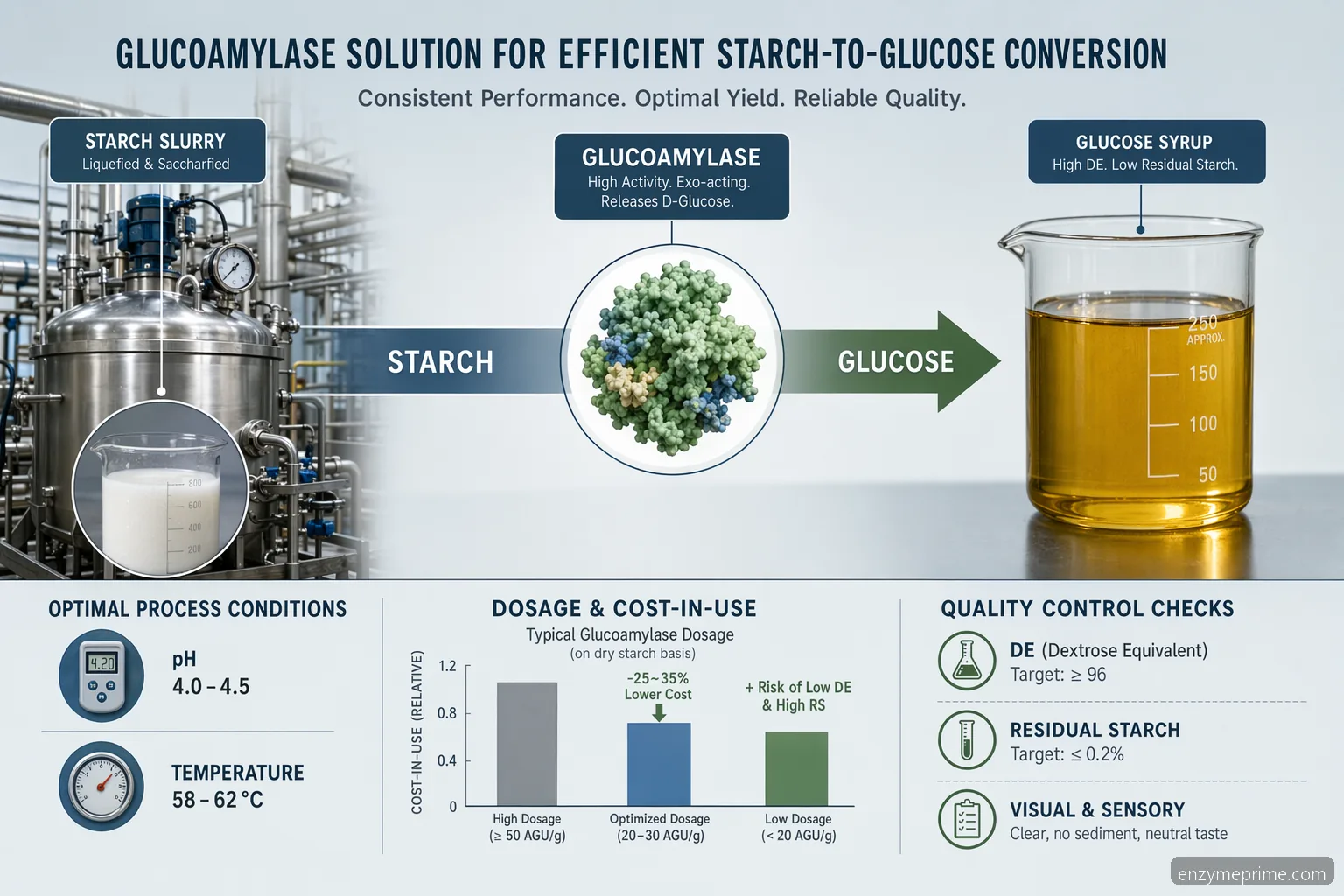 glucoamylase application glucose syrup guide showing starch conversion, process conditions, QC and supplier checks