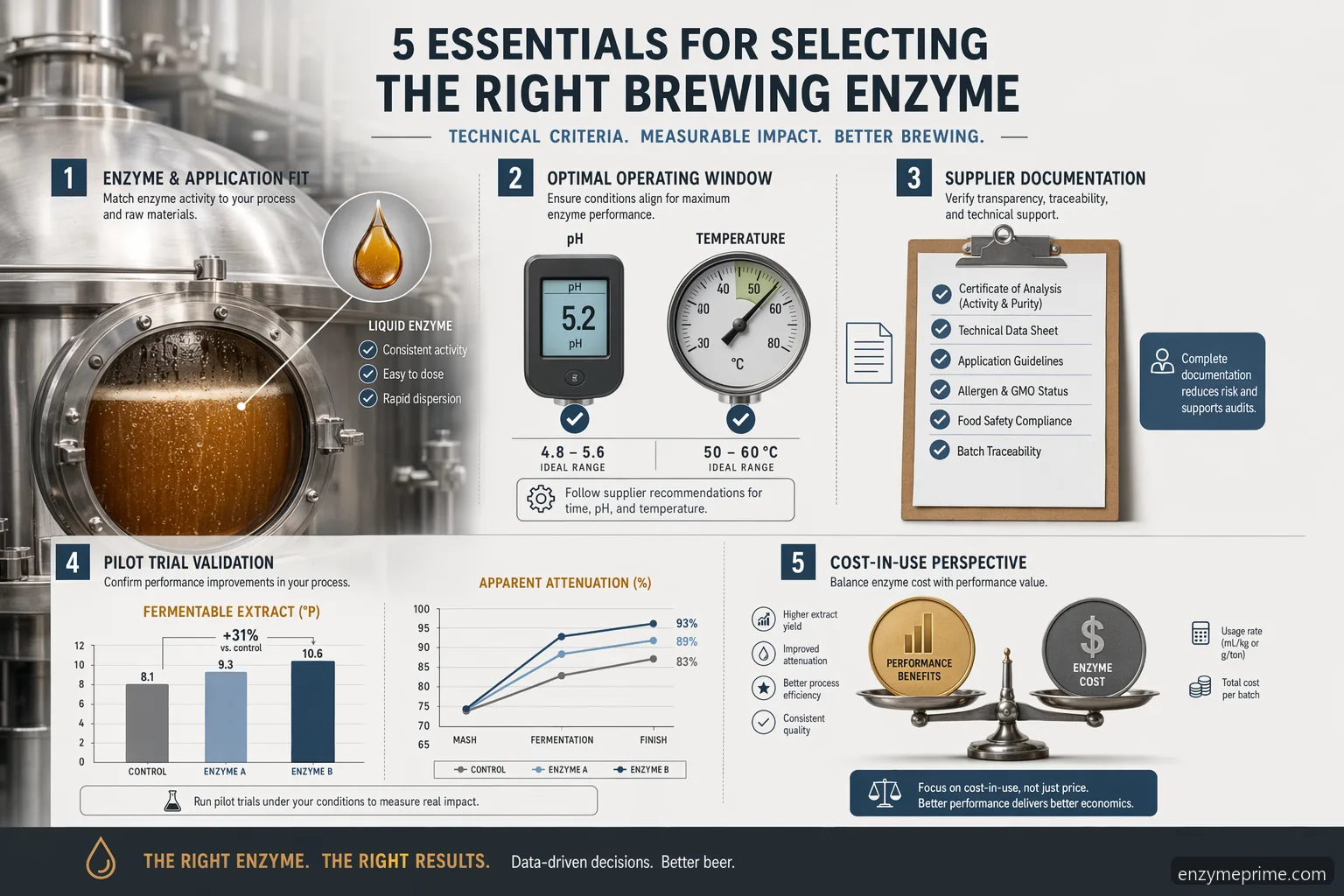 glucoamylase brewing specification checklist with enzyme fit, operating window, documentation, pilot metrics, and cost cues