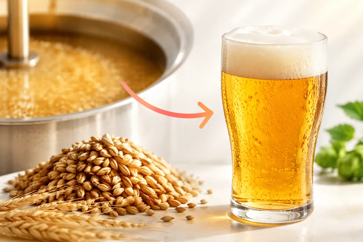 Stainless mash tun with malted barley beside a glass of finished beer: the mash step where glucoamylase is added