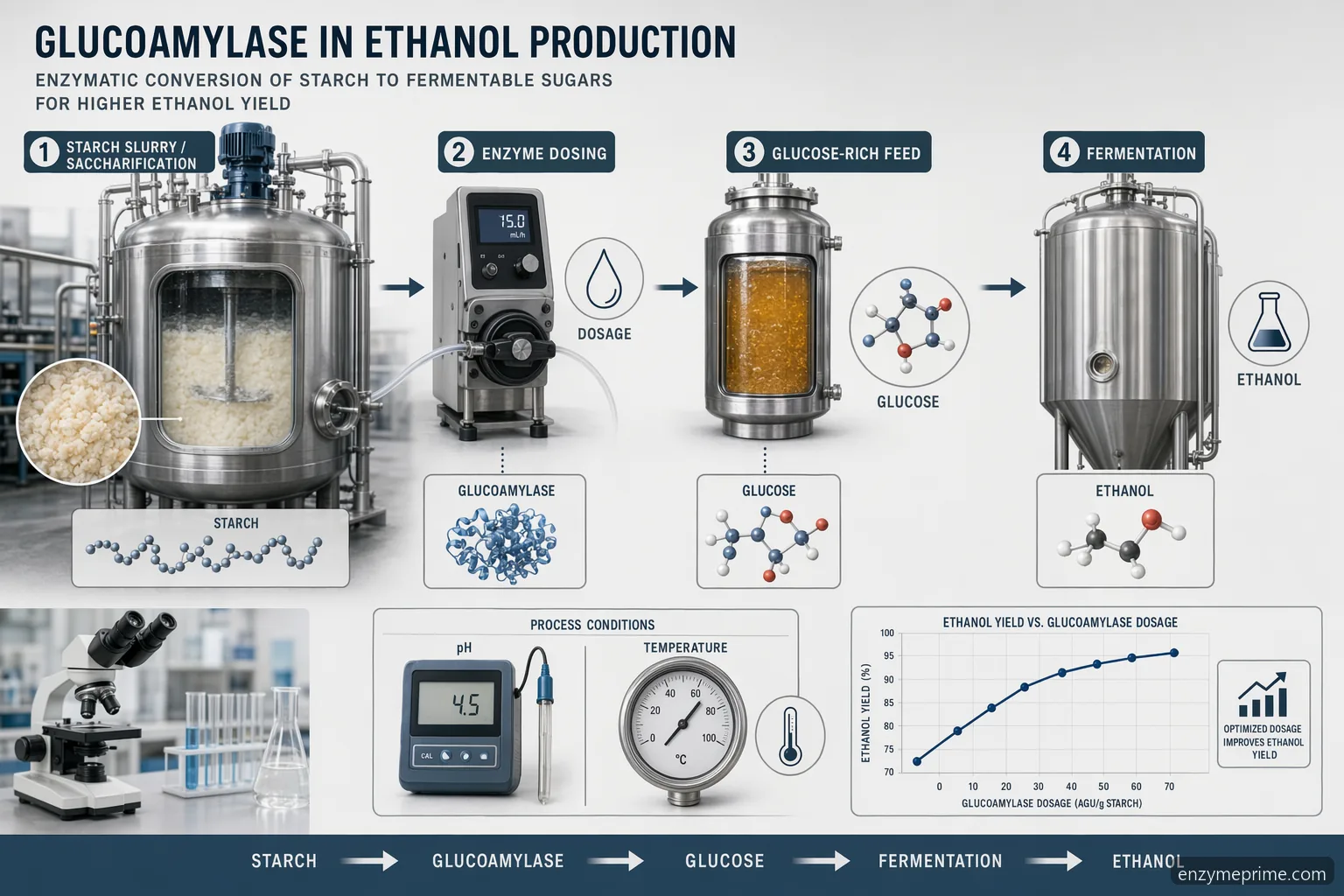 Glucoamylase enzyme ethanol production dosage, pH, and temperature guidance with dosing, gauges, yield chart