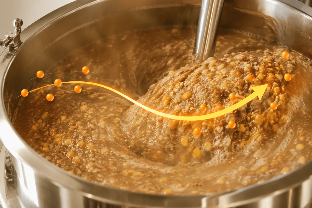 Grain mash turning under an agitator in a stainless tank: the saccharification step before fermentation