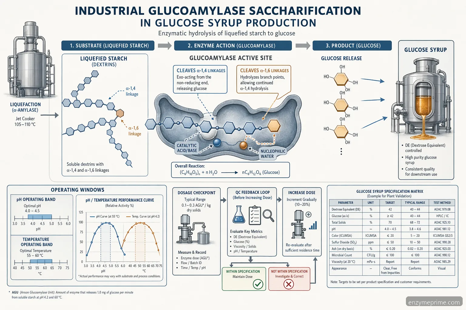 glucoamylase enzyme for sale saccharification process diagram with starch-to-glucose arrows and pH-temperature window