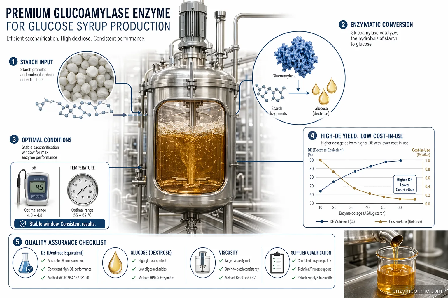 glucoamylase enzyme for glucose syrup production, showing DE yield, dosage, QC, and supplier checks