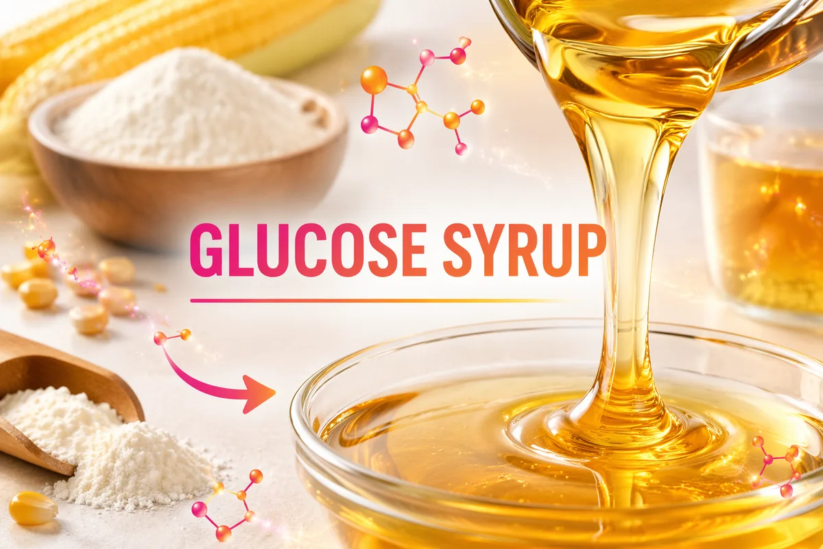 Corn starch powder and corn kernels beside clear glucose syrup being poured: the starch-to-syrup route served by saccharification
