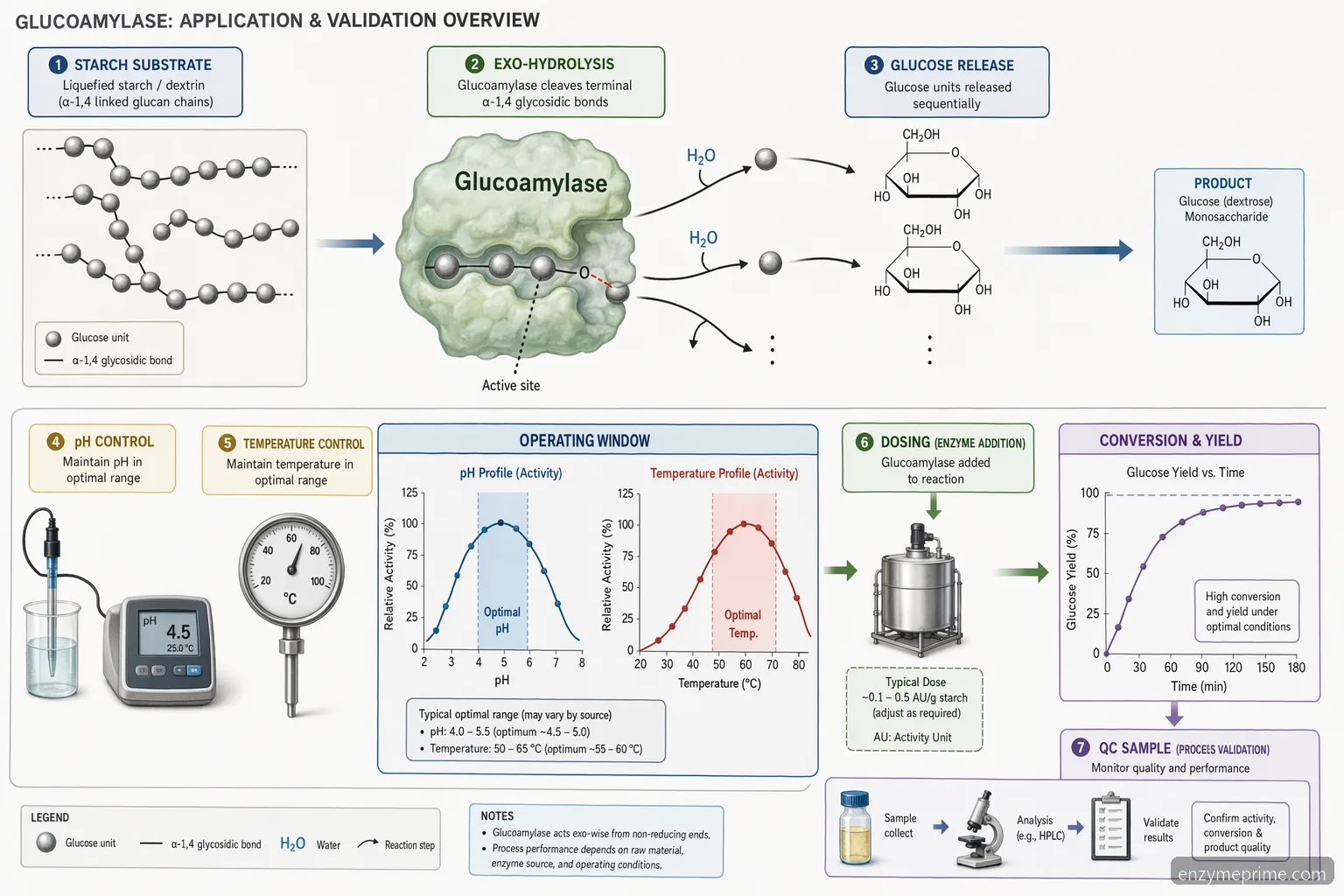glucoamylase production process diagram showing starch-to-glucose reaction flow with pH and temperature controls